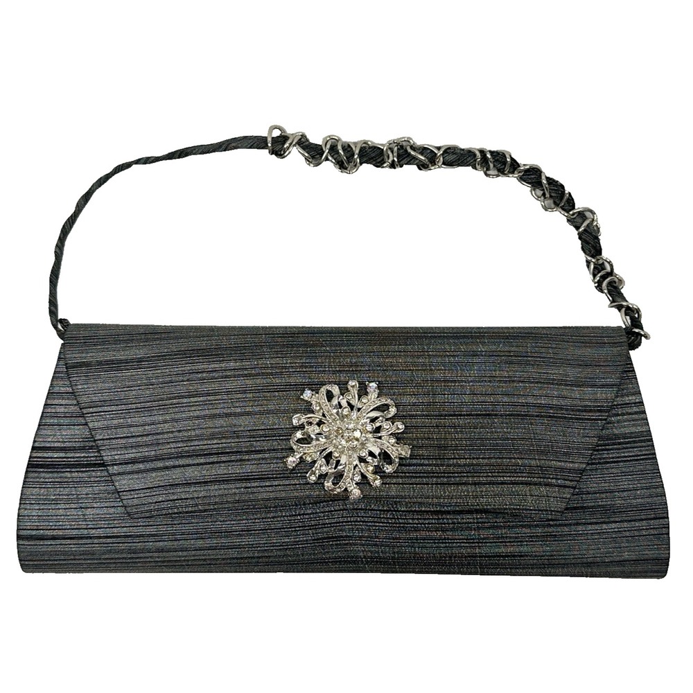 Bijoux Terner Black & Silver Satin Evening Clutch Purse, Party, Special Occasion